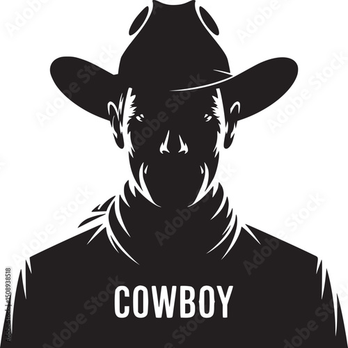 Silhouette of a cowboy wearing a hat and bandana with the word cowboy on his shirt in white