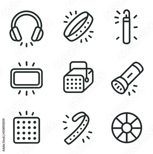 LED Light Icons. Outline icon set of LED light and neon effects: glowing headphones, LED bracelet, glow stick, neon sign,