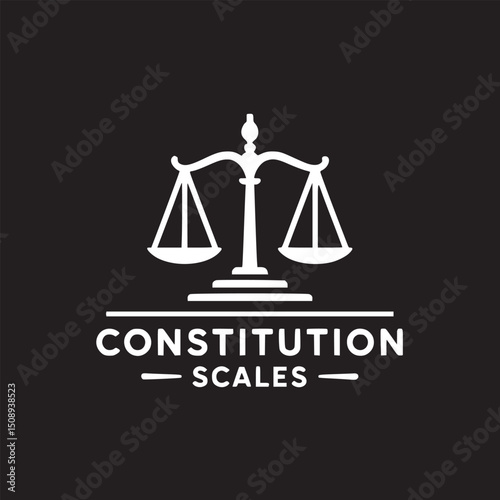 A minimalist logo featuring scales of justice above the word constitution with scales below it on black