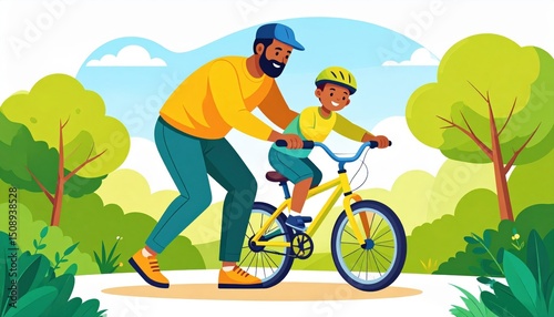 Father Teaching Son To Ride Bicycle In Park