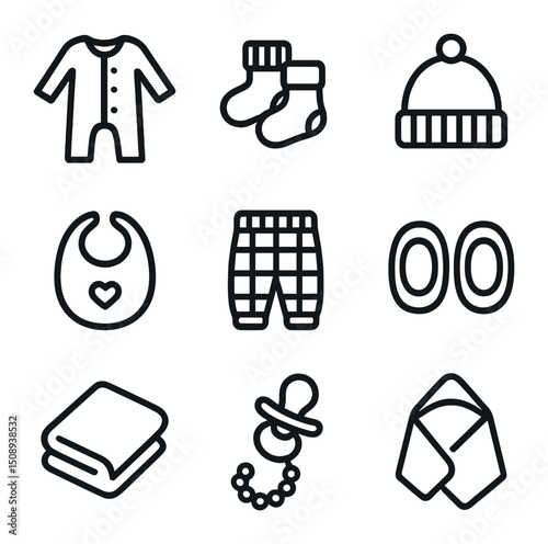 Comfort Clothing Icons. Outline icon set of comfort and clothing: romper suit, sock slippers, beanie hat, bib, padded pants, knee