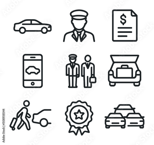 Business Transport Icons. Outline icon set of business transportation services: black car sedan,