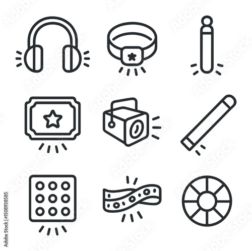 LED Light Icons. Outline icon set of LED light and neon effects: glowing headphones, LED bracelet, glow stick, neon sign,