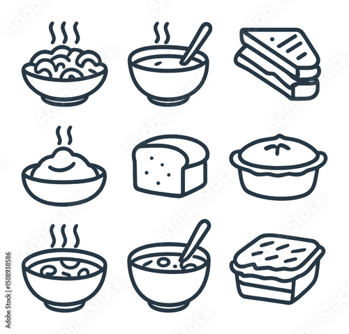 Comfort Food Icons. Outline icon set of comfort food favorites: macaroni and cheese, tomato soup bowl, grilled cheese sandwich,