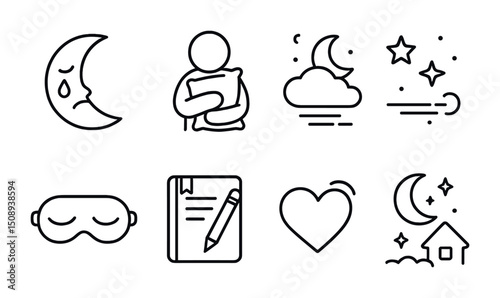 Sleep icons set: nighttime, dreams, and relaxation design elements