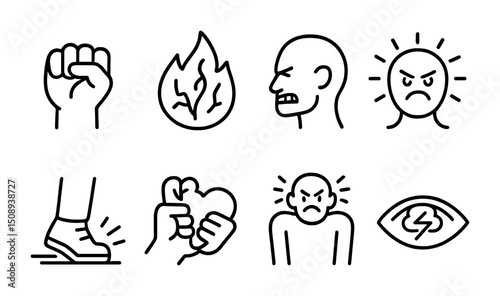 Expressions of anger and emotion illustrated in minimalistic line art icons