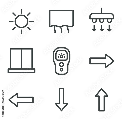 Light Requirement Icons. Outline icon set of light requirement indicators: sun icon, shade cloth, LED grow light, window sill, lux