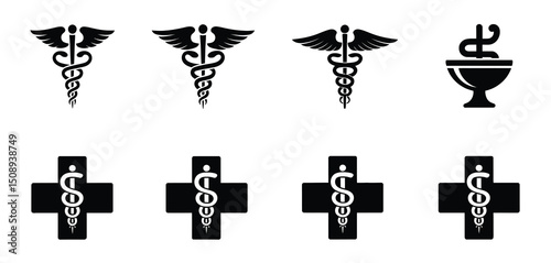 Medical Icons Set Caduceus Cross Pharmacy Symbols
