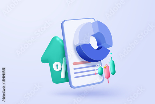 3D online trading with mobile phone on blue background. Investment graph using funding business on smartphone. 3d stock trading icon vector on mobile phone for investment render illustration