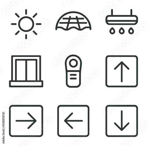 Light Requirement Icons. Outline icon set of light requirement indicators: sun icon, shade cloth, LED grow light, window sill, lux