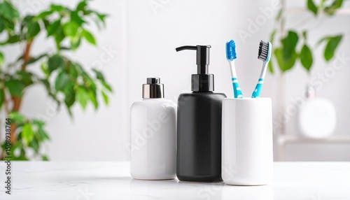 Stylish Bathroom Accessories On White Countertop