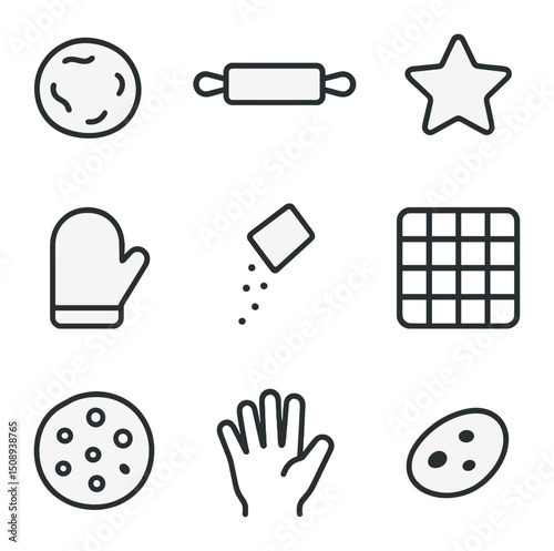 Cookie Baking Icons. Outline icon set of cookie baking fun: cookie dough ball, rolling pin, cookie cutter, flour sprinkle, oven