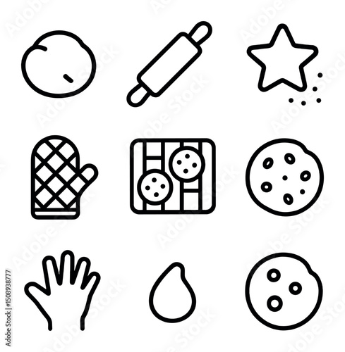 Cookie Baking Icons. Outline icon set of cookie baking fun: cookie dough ball, rolling pin, cookie cutter, flour sprinkle, oven