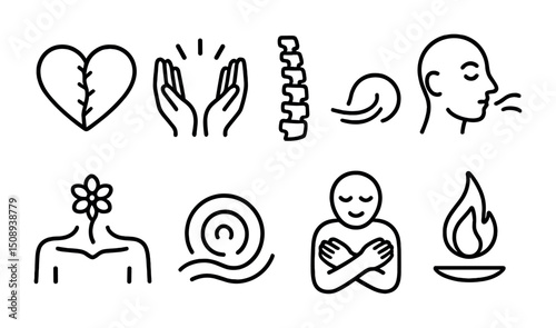 Wellness and healing icons featuring heart, meditation, and relaxation