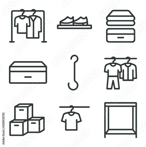 Capsule Wardrobe Icons. Outline icon set of capsule wardrobe storage: clothing rail, shelf with