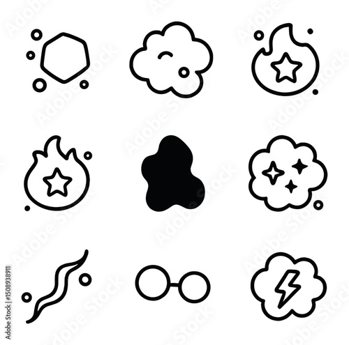 Cosmic Icon Set. Outline icon set of cosmic dust and gas: interstellar dust grain, molecular cloud mass, reflection nebula patch,