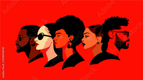 Diverse stylized profiles of five people with unique hairstyles and eyewear on red