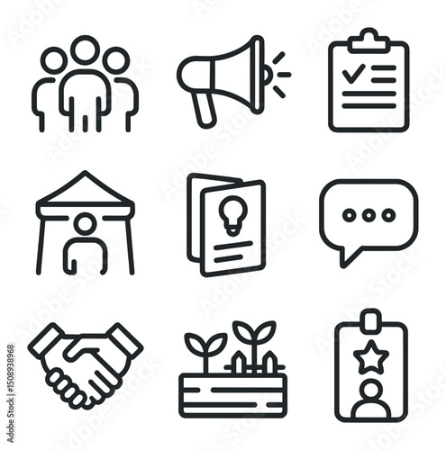 Community Engagement Icons. Outline icon set of community engagement: group of people, megaphone, petition clipboard, volunteer