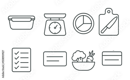 Kitchen and cooking icons for meal preparation and organization