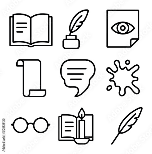 Literary Icon Set. Outline icon set of literary and poetic eyes: open book page, quill and ink, illustrated eye on paper, scroll
