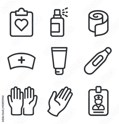 Compassionate Nursing Icons. Outline icon set of compassionate nursing tools: clipboard with heart, antiseptic spray, bandage roll
