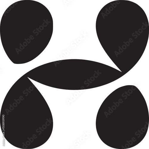 A symmetrical design featuring four black teardrop shapes arranged around a central oval element on white