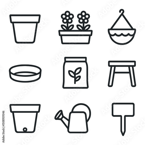 Container Gardening Icons. Outline icon set of container gardening: flower pot, planter box, hanging basket, saucer, potting mix
