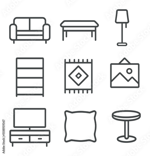 Living Room Icons. Outline icon set of living room upgrade: sofa, coffee table, floor lamp, bookshelf, area rug, wall art, TV unit