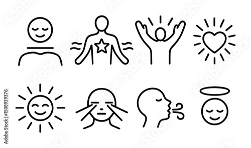 Set of minimalist icons representing wellbeing, joy, and calmness for design projects