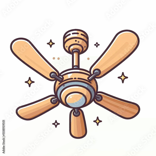 A cartoonstyle ceiling fan with five blades is shown with sparkling star shapes around it