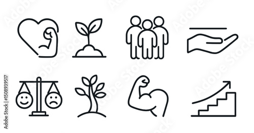Simple line icons representing growth, community, and personal development concepts