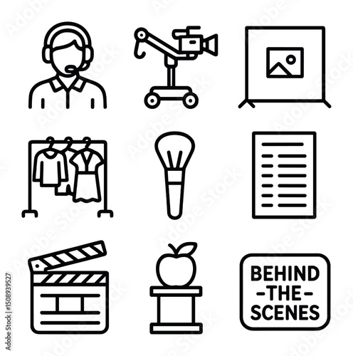 Cinematic Production Icons. Outline icon set of cinematic production environment: director with