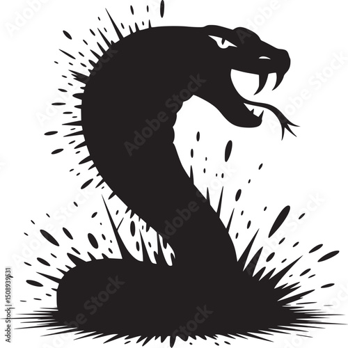 A striking silhouette of a snake with an open mouth and tongue against a white background art style