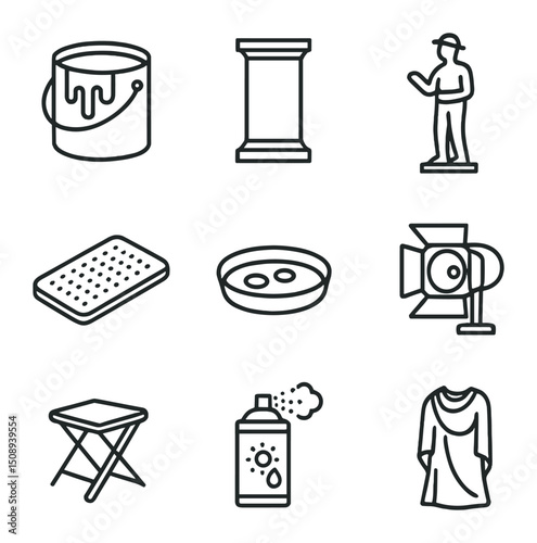 Living Statue Icon Set. Outline icon set of living statue artists: bronze paint pot, pedestal plinth, still figure, safety mat,