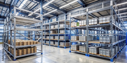 Industrial equipment and machinery storage area with steel shelving and crates, equipment storage, industrial storage
