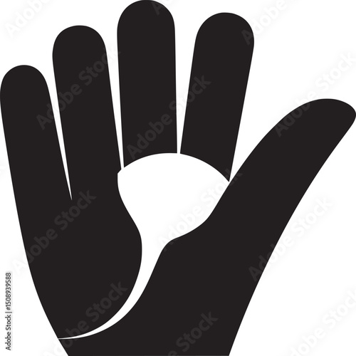 A bold black and white illustration of a hand with four fingers and a thumb on a white background