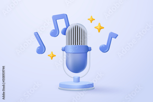 3d microphone with music note is symbol denoting a musical sound. mic record for music singing and audio tune or harmony tone concept. 3d microphone and melody notes icon vector render illustration