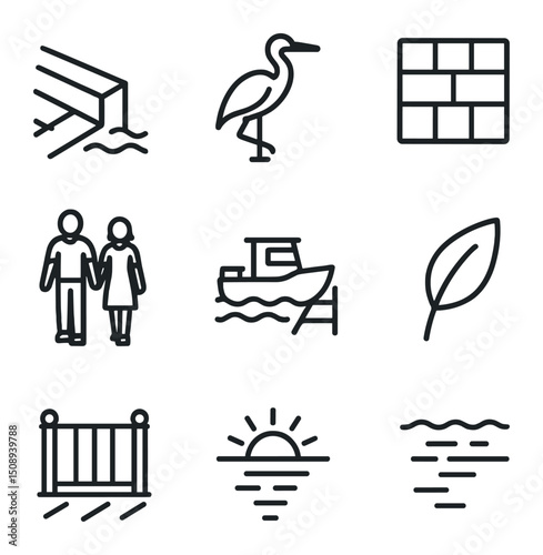 City Riverside Icons. Outline icon set of city riverside scenery: concrete embankment, water bird,