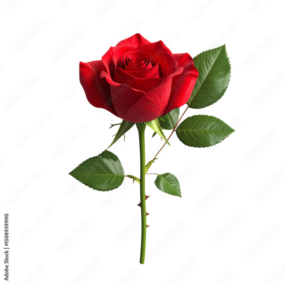 Fototapeta premium A vibrant red rose with intricate petals and green leaves, symbolizing beauty and love