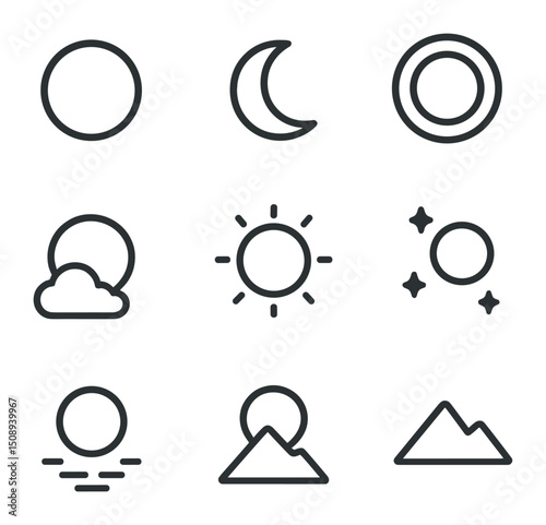 Lunar Glow Icons. Outline icon set of lunar glow scenes: full moon, crescent moon, moon halo, night sky, cloud silhouette, subtle
