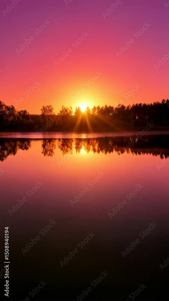 Picturesque golden sunrise over a tranquil lake with sun rays and reflections on the water surrounded by trees, creating a serene atmosphere Picturesque golden sunrise over a tranquil lake with sun rays and reflections on the water surrounded by trees, creating a serene atmosphere