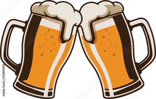 Illustration of Two Beer Mugs Clinking Together with Foam