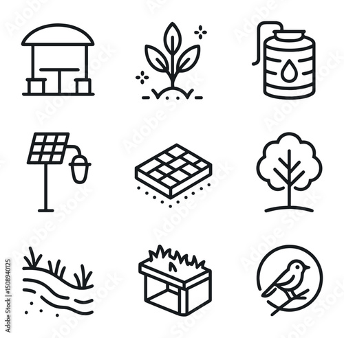 Climate Adaptation Icons. Outline icon set of climate-adaptive parks: shaded seating area,