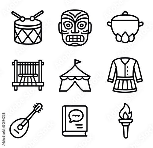 Cultural Immersion Icons. Outline icon set of cultural immersion: welcome ceremony drum, traditional mask, cooking pot, artisan