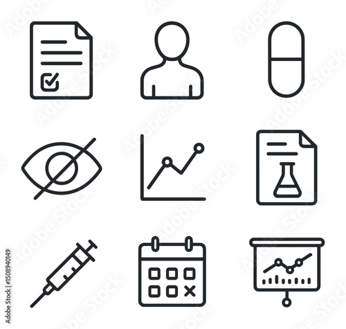 Clinical Trial Icons. Outline icon set of clinical trial process: consent form, trial participant,