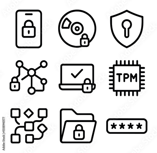 Device Encryption Icons. Outline icon set of device encryption: encrypted smartphone, full-disk lock, shield with keyhole,