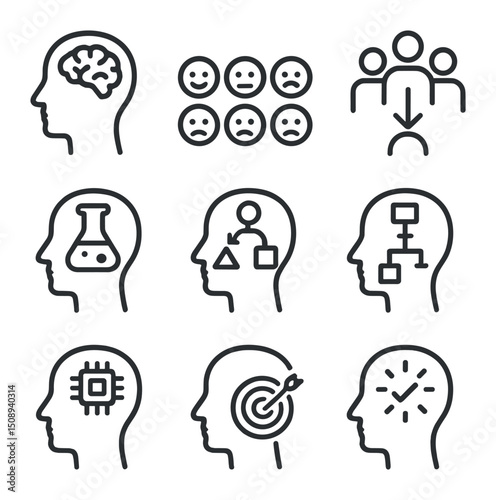 Cognitive Behavior Icons. Outline icon set of cognitive and social behavior analysis: psychological