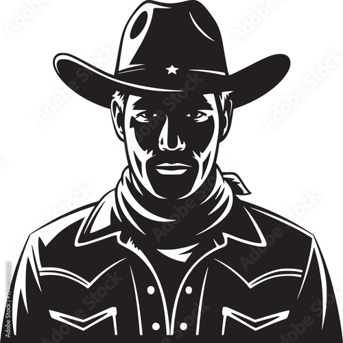A black and white drawing of a cowboy with a bandana and a star on his hat in a graphic style