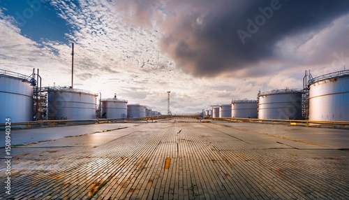 wide angle view of massive oil storage tanks in a modern oil and gas refinery industrial zone under a dramatic sky showing infrastructure