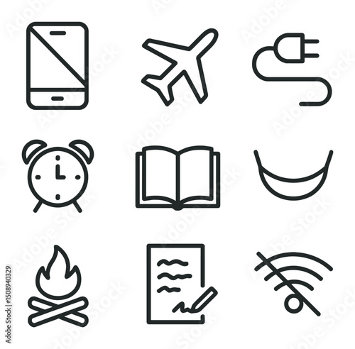 Digital Detox Icons. Outline icon set of digital detox retreat: smartphone crossed out, airplane mode icon, unplug plug, analog
